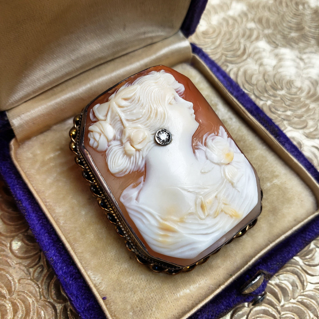 pink carved shell cameo of a woman with a diamond earring sitting in a purple box with a gold back ground