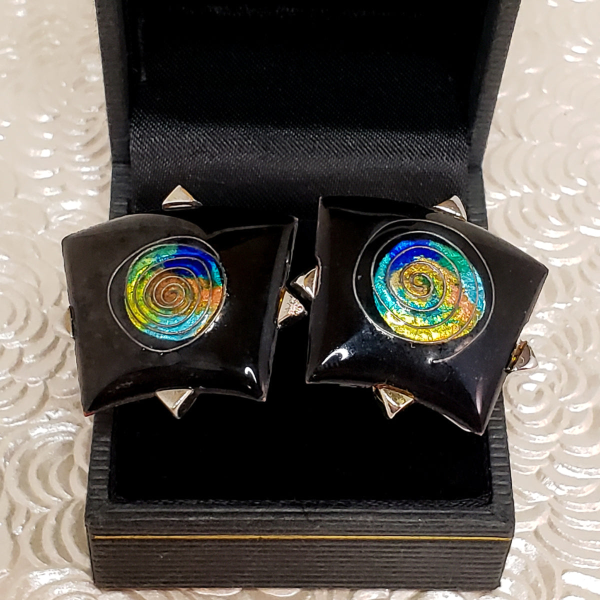 Vintage 1960s Large Art Glass and Silver Plate Black Rainbow Swirl Statement Unisex Cuff Links image 6