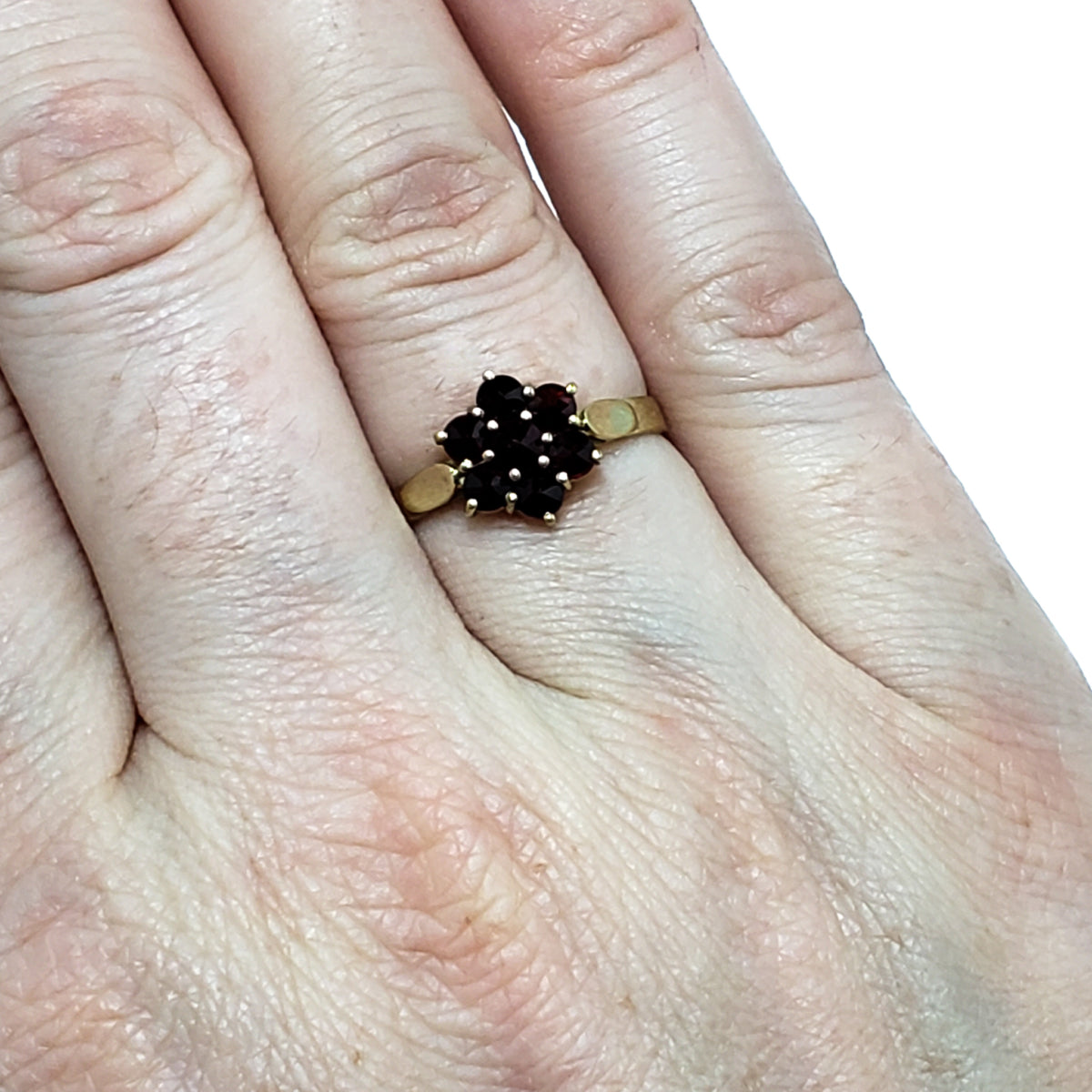 Vintage 1960s Rose Cut Pyrope Garnet and Gold Plated Sterling Silver Cluster Ring Size 7.5 image 8