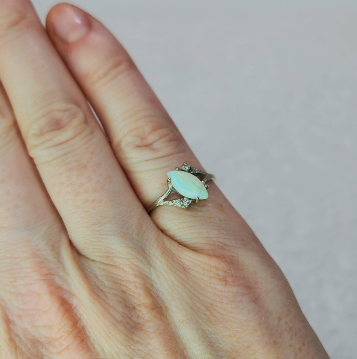 Vintage 1970s Marquise-Cut Opal Cabochon, Diamond, and 10K White Gold Ring Size 6.25 image 2