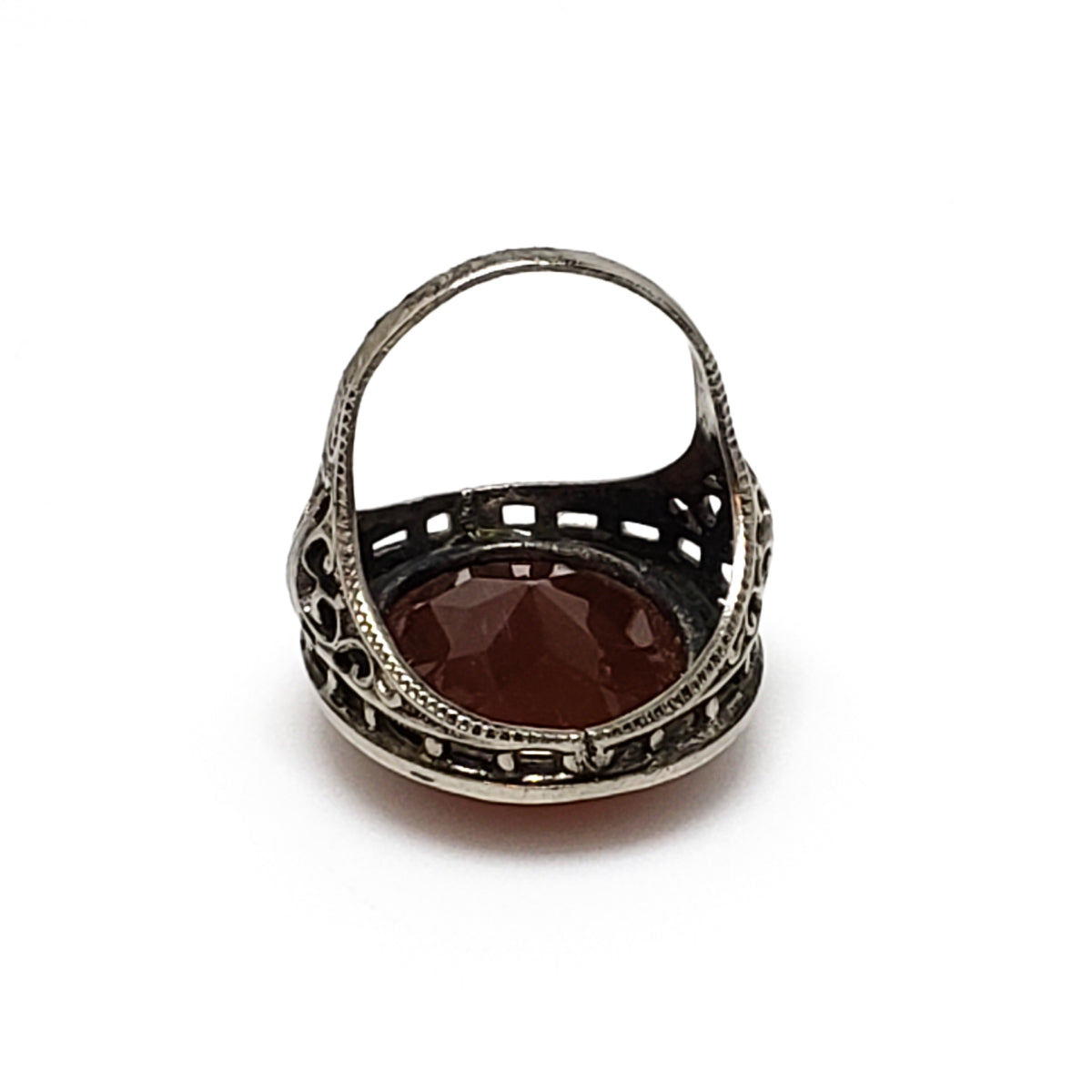 Antique 1920s NEMCO Art Deco Brownish Red Glass and Silver Plate Filigree Ring Size 4.75 image 5