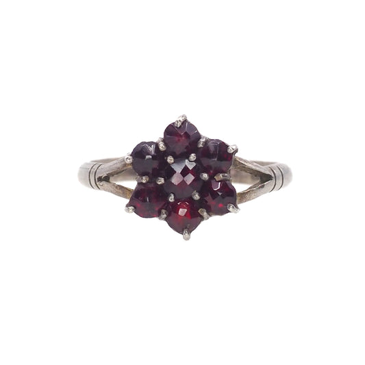 Vintage 1960s Rose Cut Pyrope Red Garnet Cluster Flower 800 Silver Ring Size 5.75
