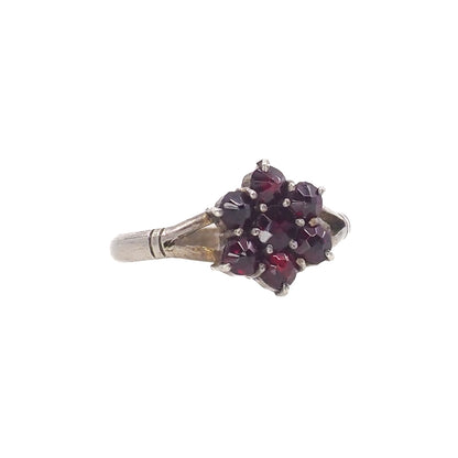 Vintage 1960s Rose Cut Pyrope Red Garnet Cluster Flower 800 Silver Ring Size 5.75