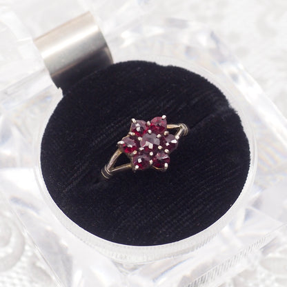 Vintage 1960s Rose Cut Pyrope Red Garnet Cluster Flower 800 Silver Ring Size 5.75
