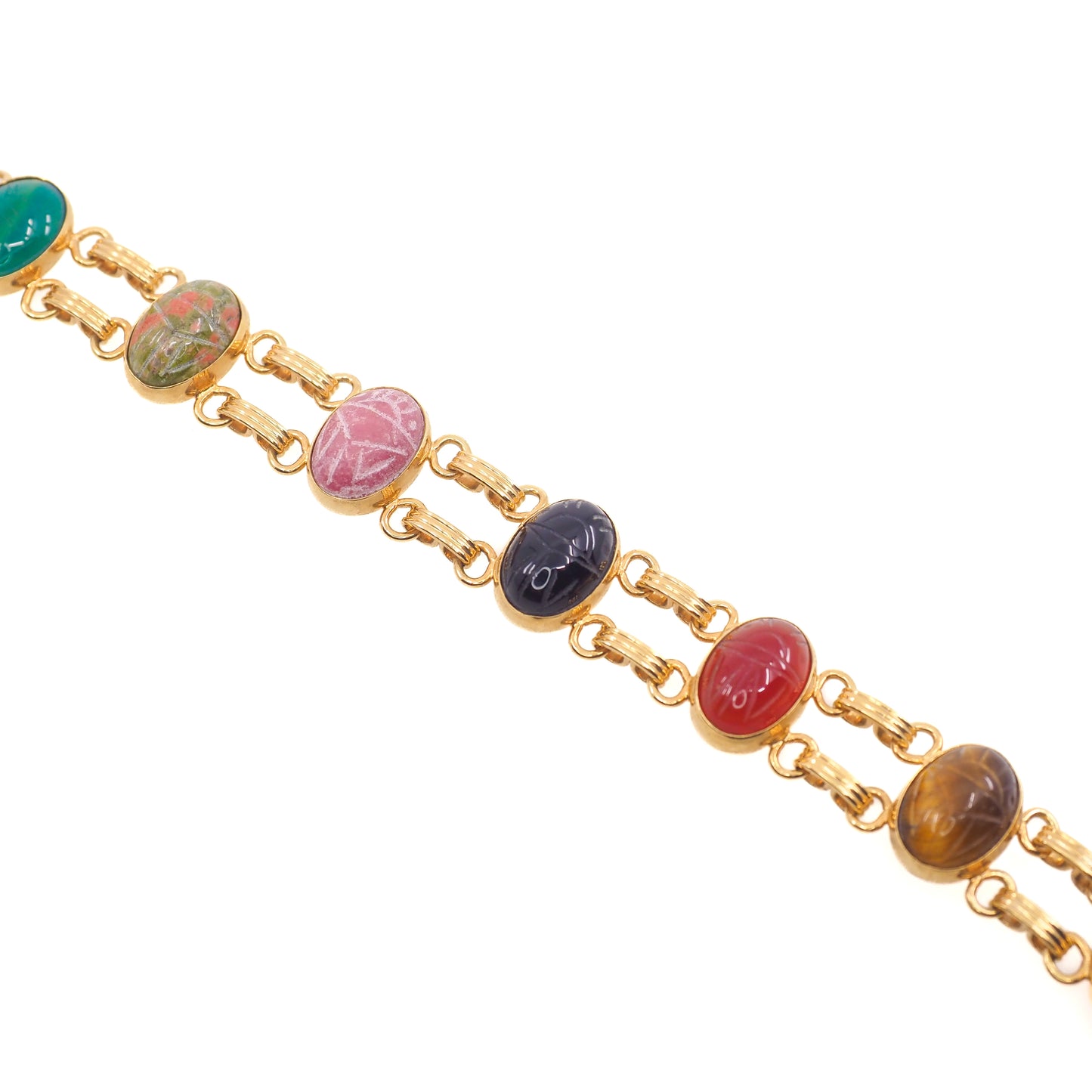 Vintage 1980s Gemstone Carved Scarab and Gold Plate 7" Link Bracelet