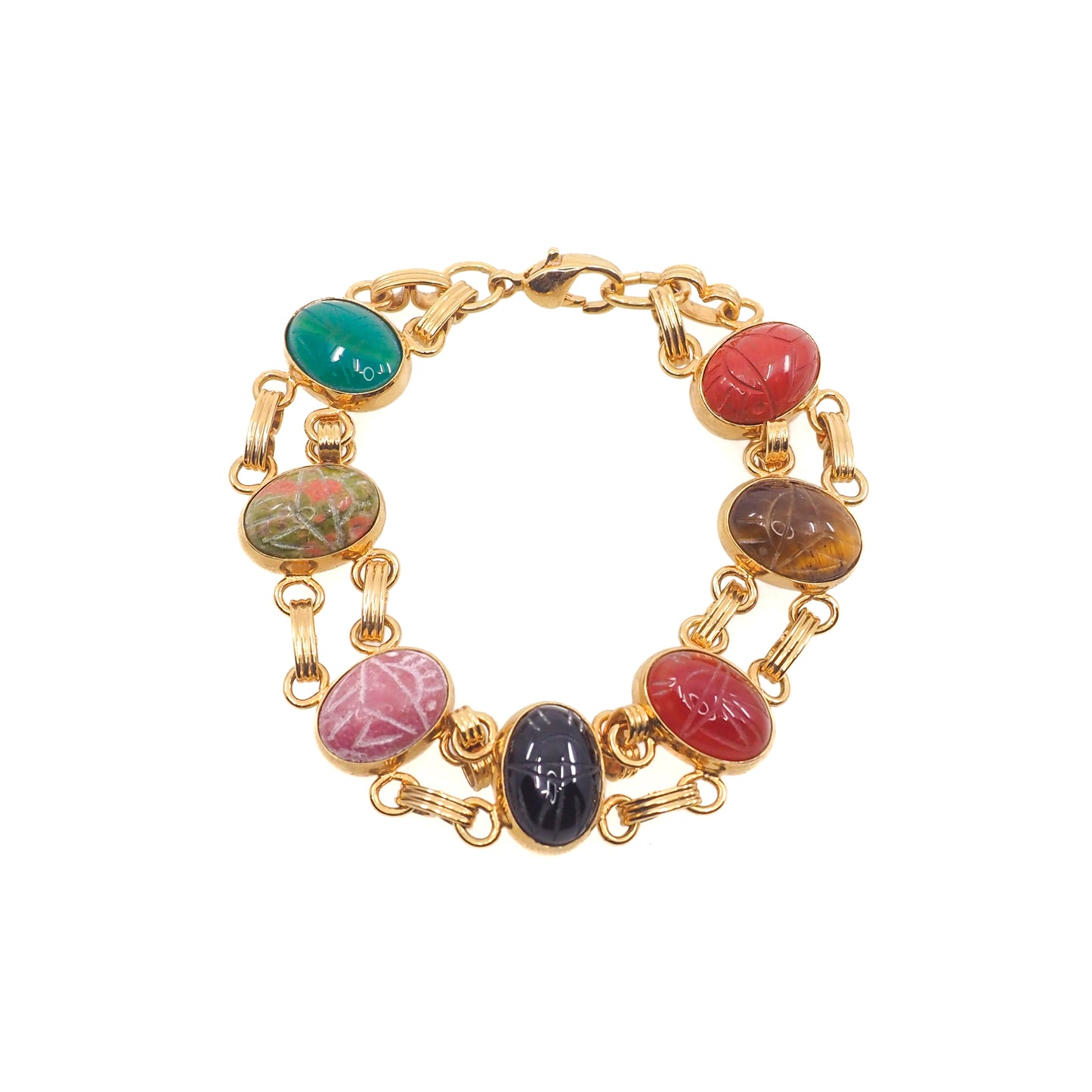 Vintage 1980s Gemstone Carved Scarab and Gold Plate 7" Link Bracelet