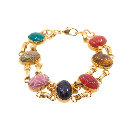 Vintage 1980s Gemstone Carved Scarab and Gold Plate 7" Link Bracelet