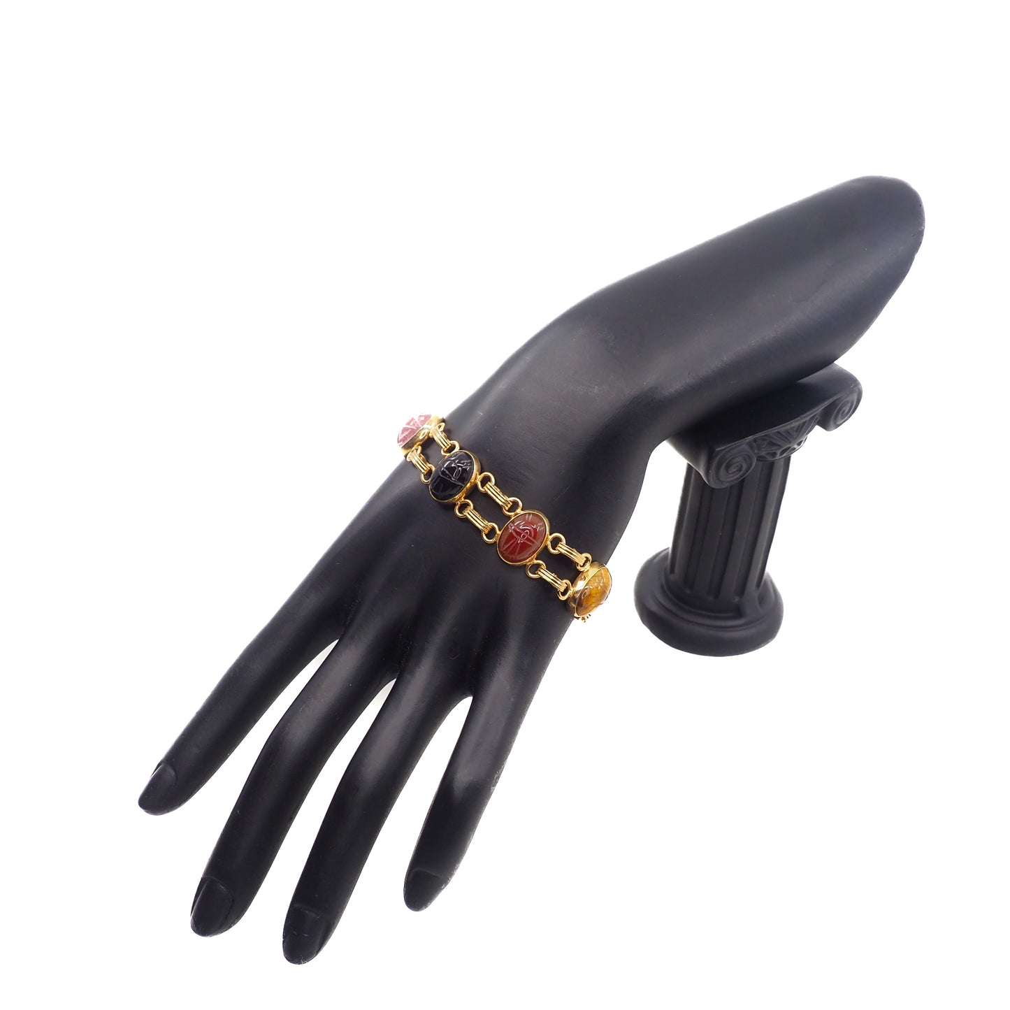 Vintage 1980s Gemstone Carved Scarab and Gold Plate 7" Link Bracelet