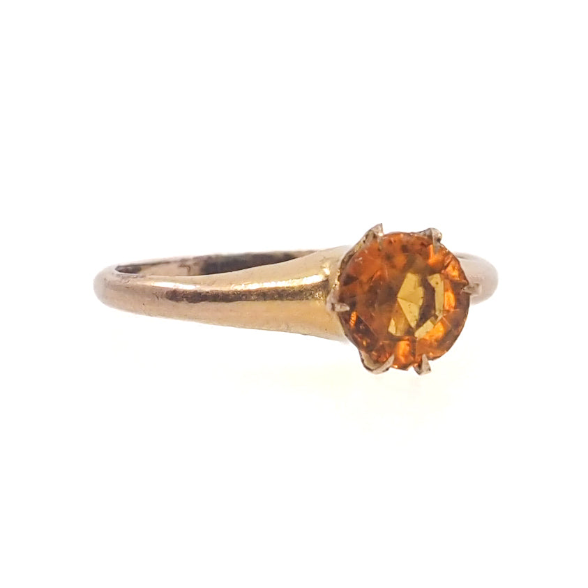 Antique 1900s Edwardian 10K Yellow Gold Shell and Orange Glass Solitaire Ring Size 7.75