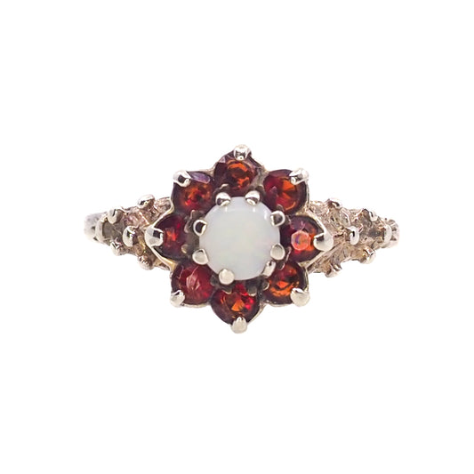 Vintage 1970s Opal, Spessartine Garnet, and Sterling Silver Flower Cluster Ring Size 6.5