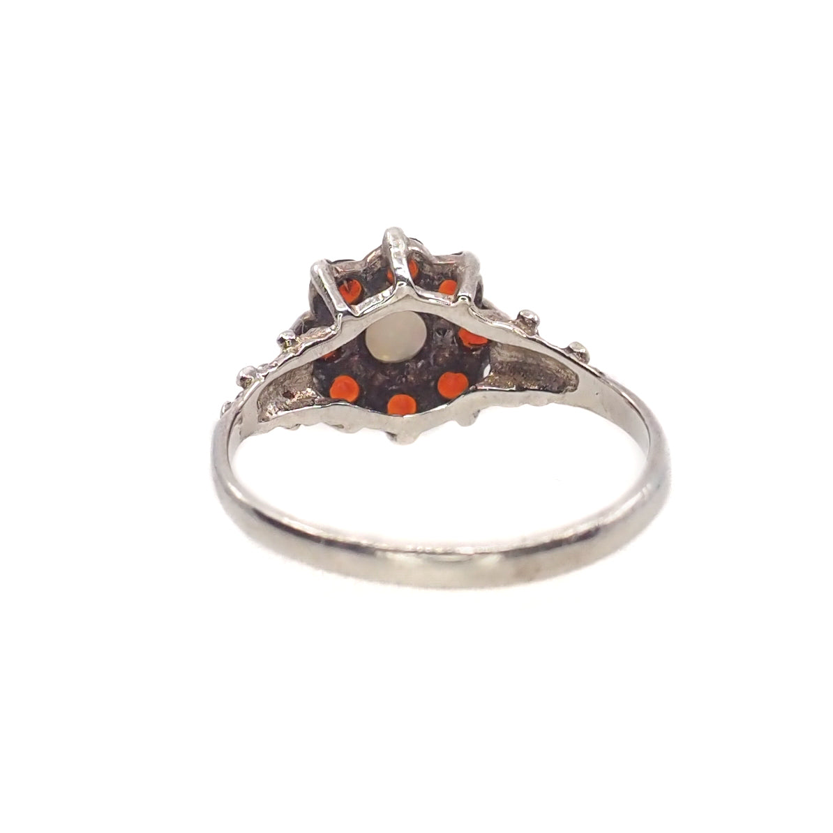 Vintage 1970s Opal, Spessartine Garnet, and Sterling Silver Flower Cluster Ring Size 6.5