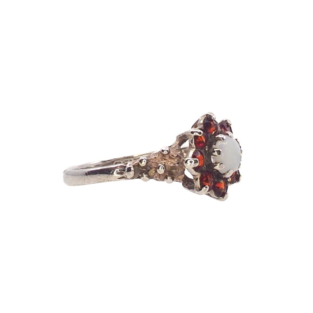 Vintage 1970s Opal, Spessartine Garnet, and Sterling Silver Flower Cluster Ring Size 6.5