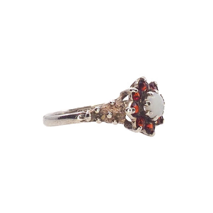 Vintage 1970s Opal, Spessartine Garnet, and Sterling Silver Flower Cluster Ring Size 6.5