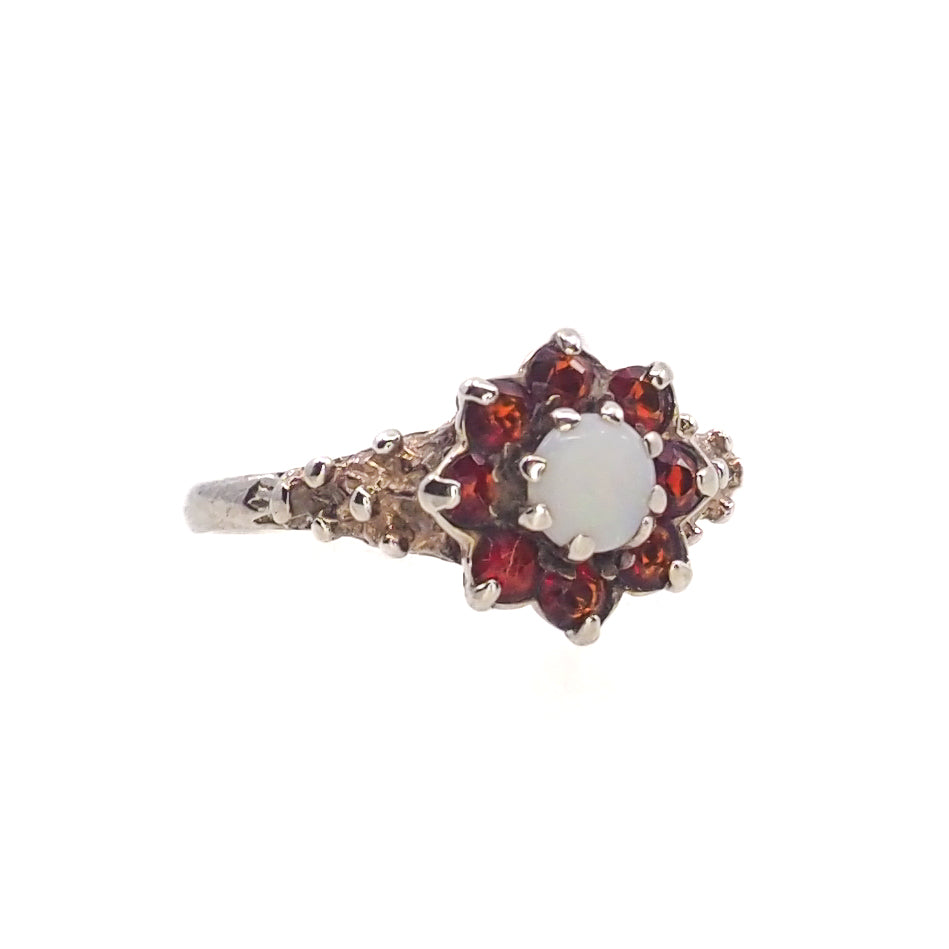 Vintage 1970s Opal, Spessartine Garnet, and Sterling Silver Flower Cluster Ring Size 6.5
