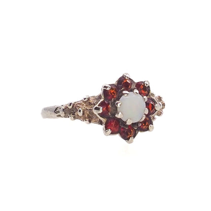 Vintage 1970s Opal, Spessartine Garnet, and Sterling Silver Flower Cluster Ring Size 6.5