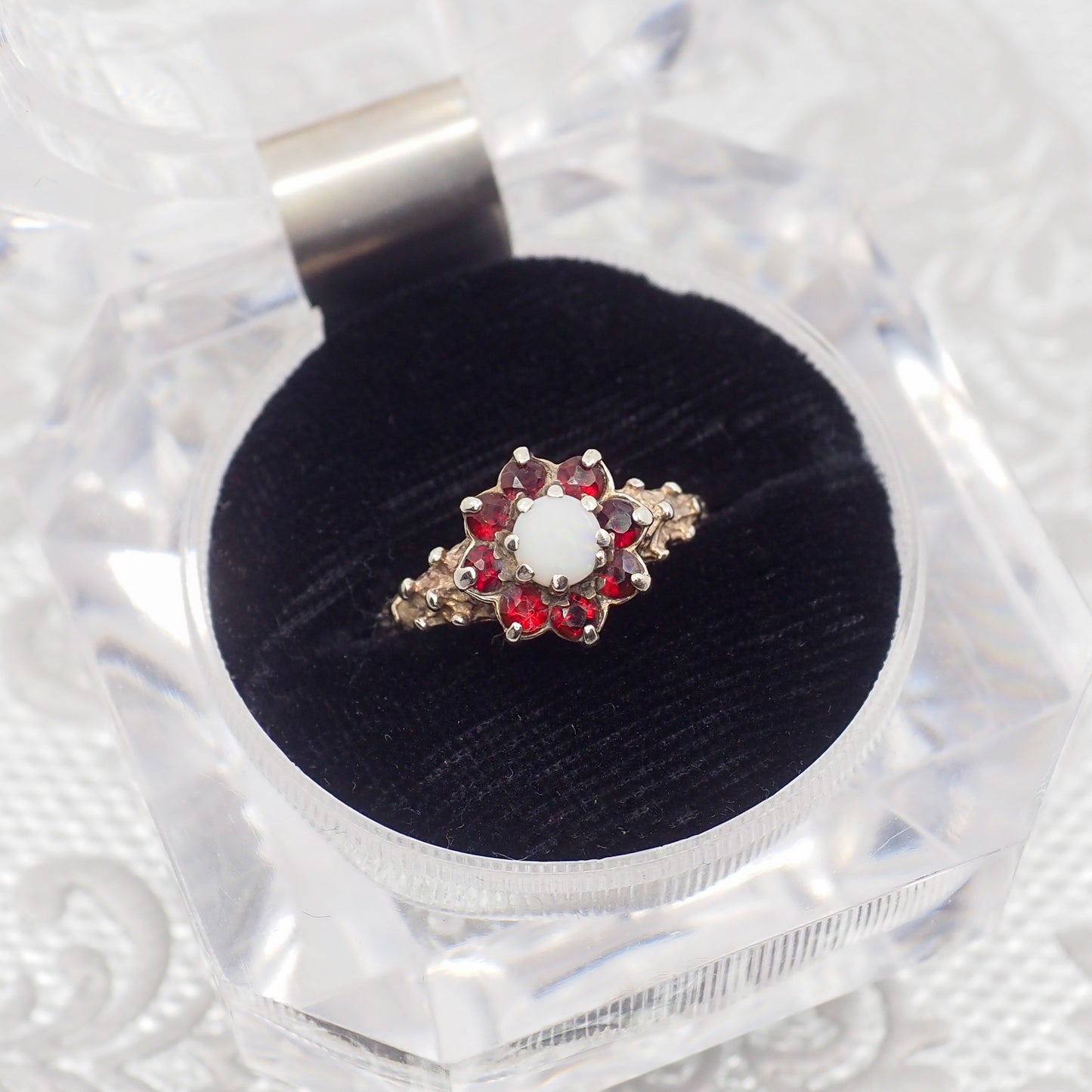 Vintage 1970s Opal, Spessartine Garnet, and Sterling Silver Flower Cluster Ring Size 6.5