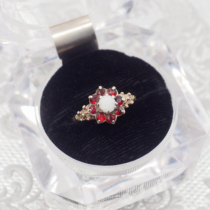 Vintage 1970s Opal, Spessartine Garnet, and Sterling Silver Flower Cluster Ring Size 6.5