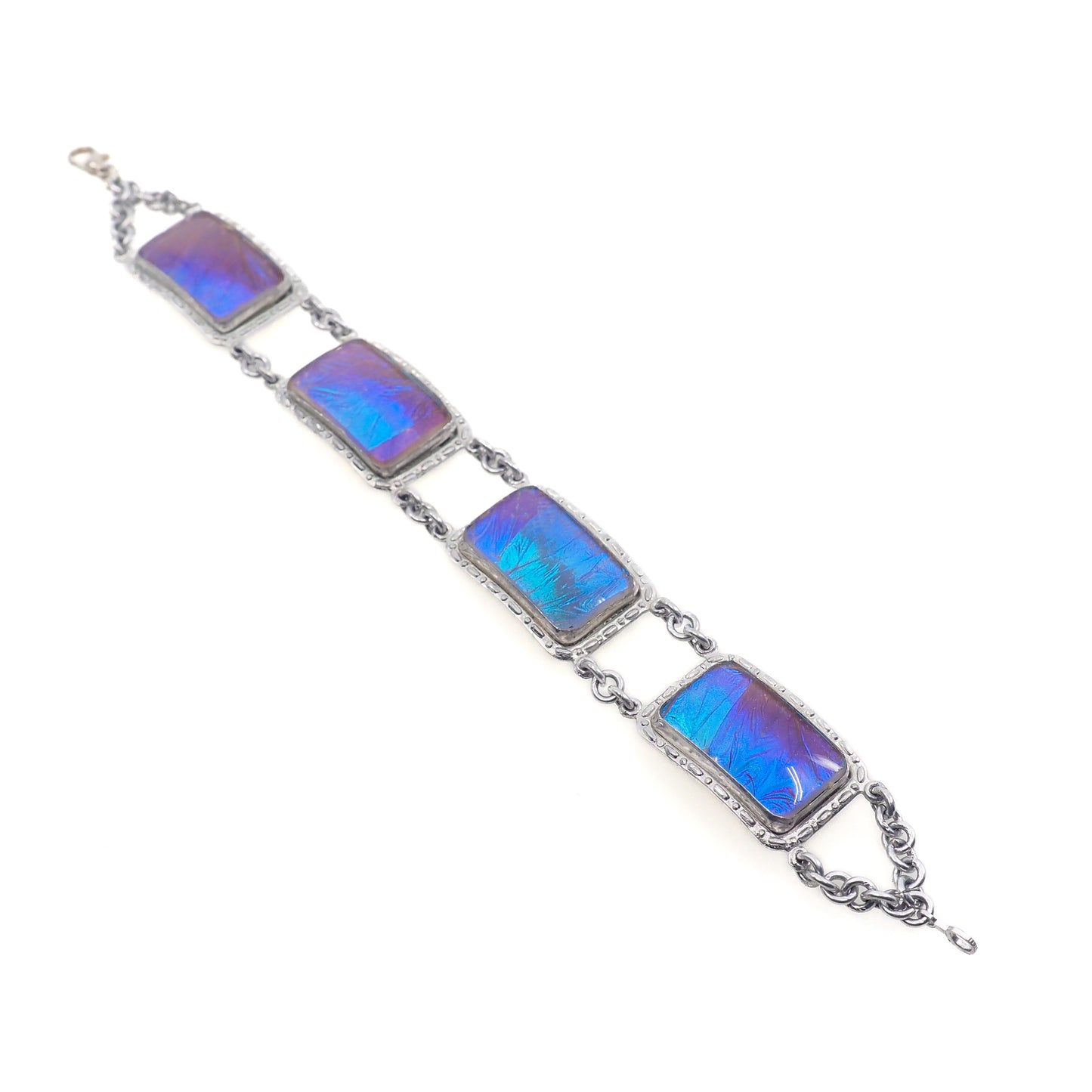 Vintage 1960s Morpho Blue Butterfly Wing and Silver Statement Link 8" Bracelet