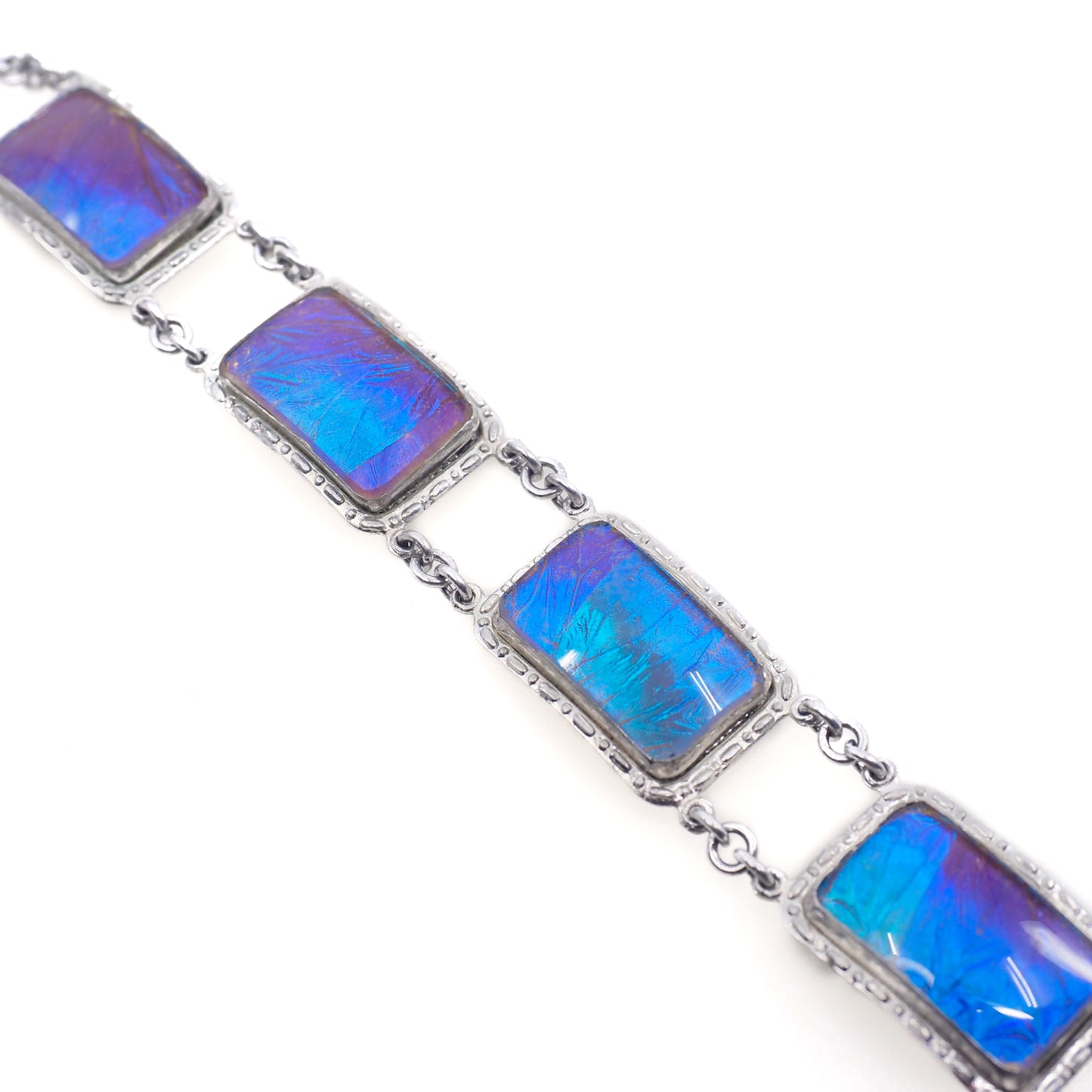 Vintage 1960s Morpho Blue Butterfly Wing and Silver Statement Link 8" Bracelet