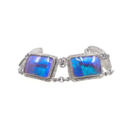 Vintage 1960s Morpho Blue Butterfly Wing and Silver Statement Link 8" Bracelet