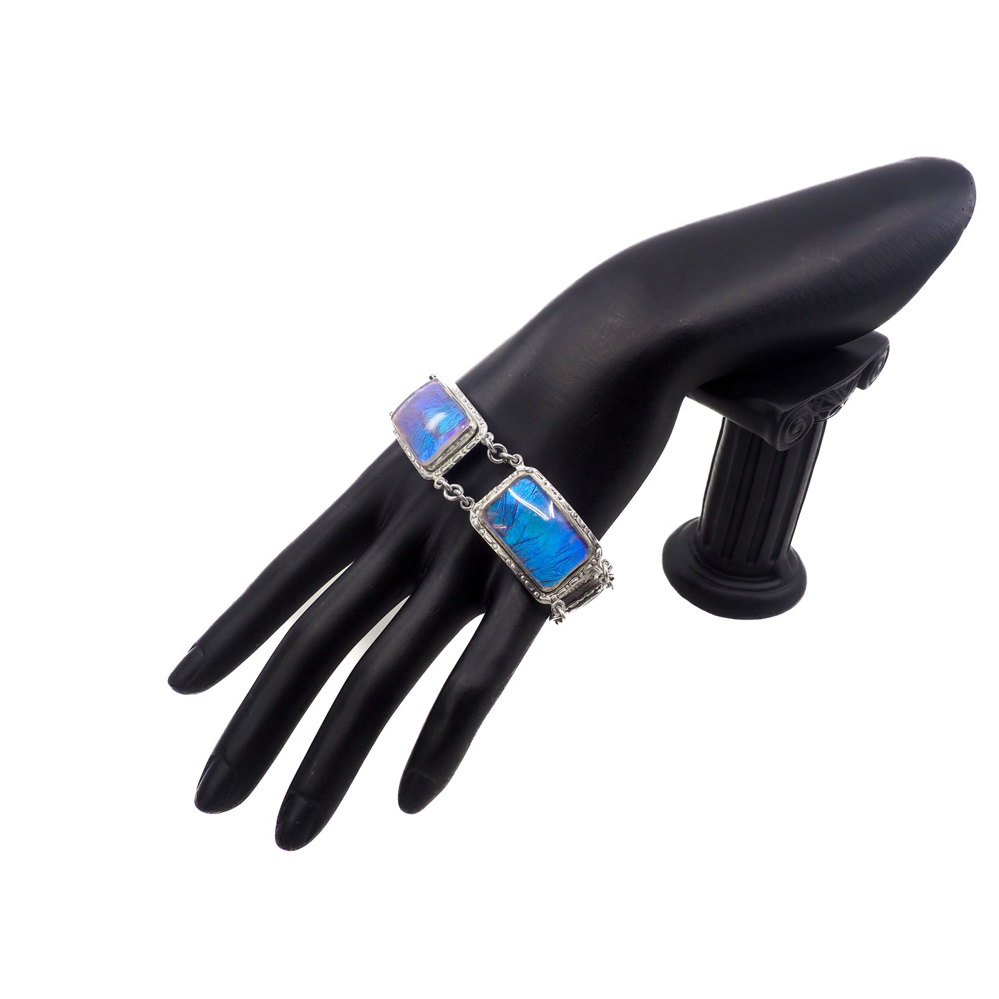 Vintage 1960s Morpho Blue Butterfly Wing and Silver Statement Link 8" Bracelet