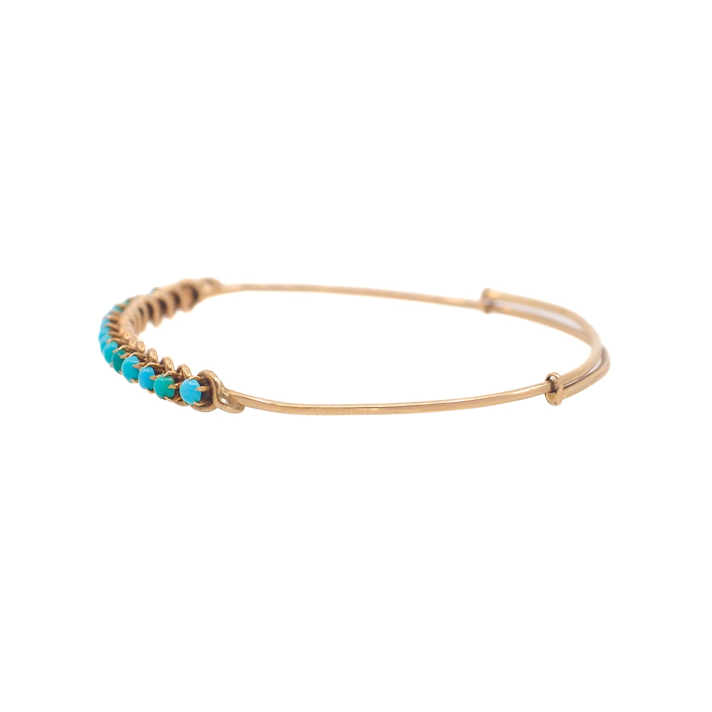 Antique 1880s Late Victorian Blue Turquoise and 18K Rose Gold Adjustable Bangle 6.75" Bracelet