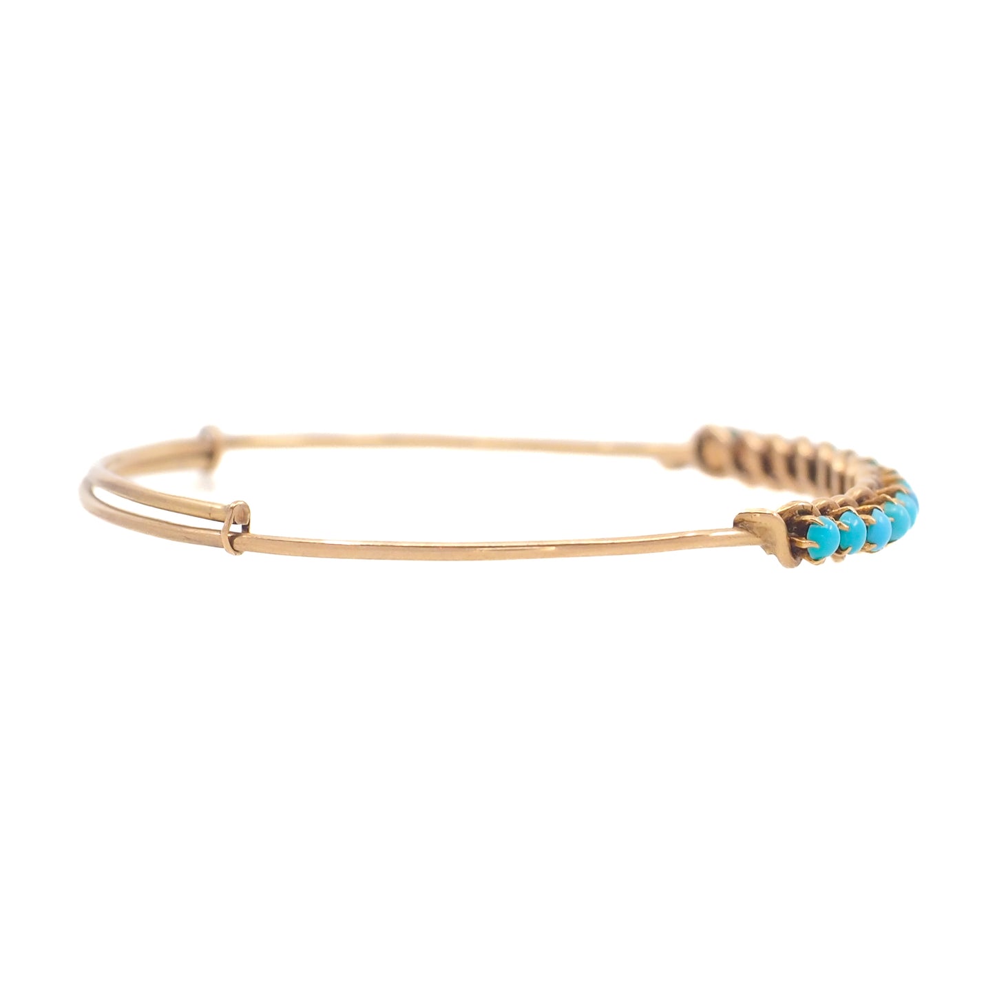 Antique 1880s Late Victorian Blue Turquoise and 18K Rose Gold Adjustable Bangle 6.75" Bracelet