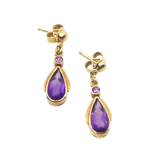 Vintage 1980s Pear-Cut Purple Amethyst and 14K Yellow Gold Drop Pierced Earrings