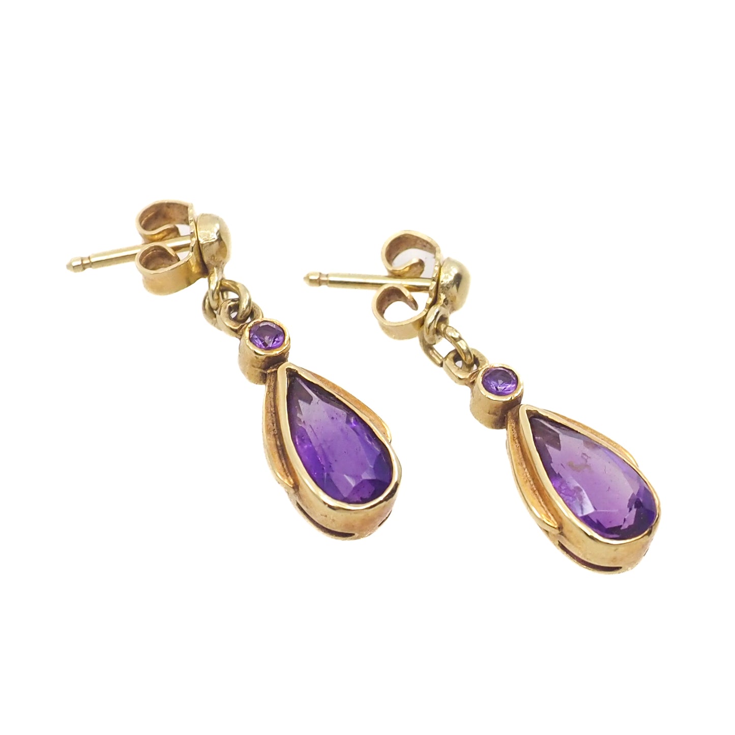 Vintage 1980s Pear-Cut Purple Amethyst and 14K Yellow Gold Drop Pierced Earrings
