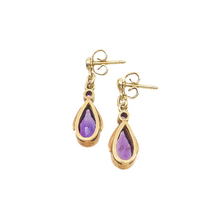 Vintage 1980s Pear-Cut Purple Amethyst and 14K Yellow Gold Drop Pierced Earrings