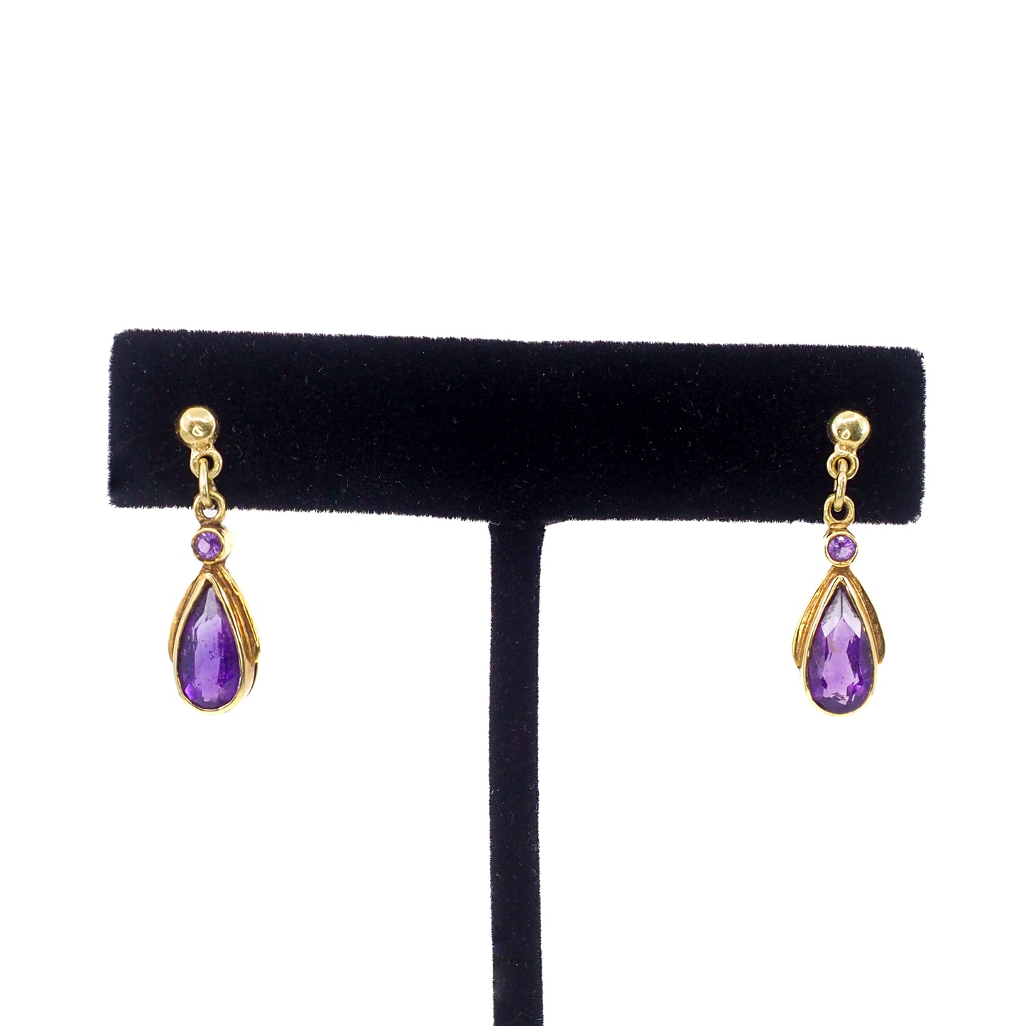 Vintage 1980s Pear-Cut Purple Amethyst and 14K Yellow Gold Drop Pierced Earrings