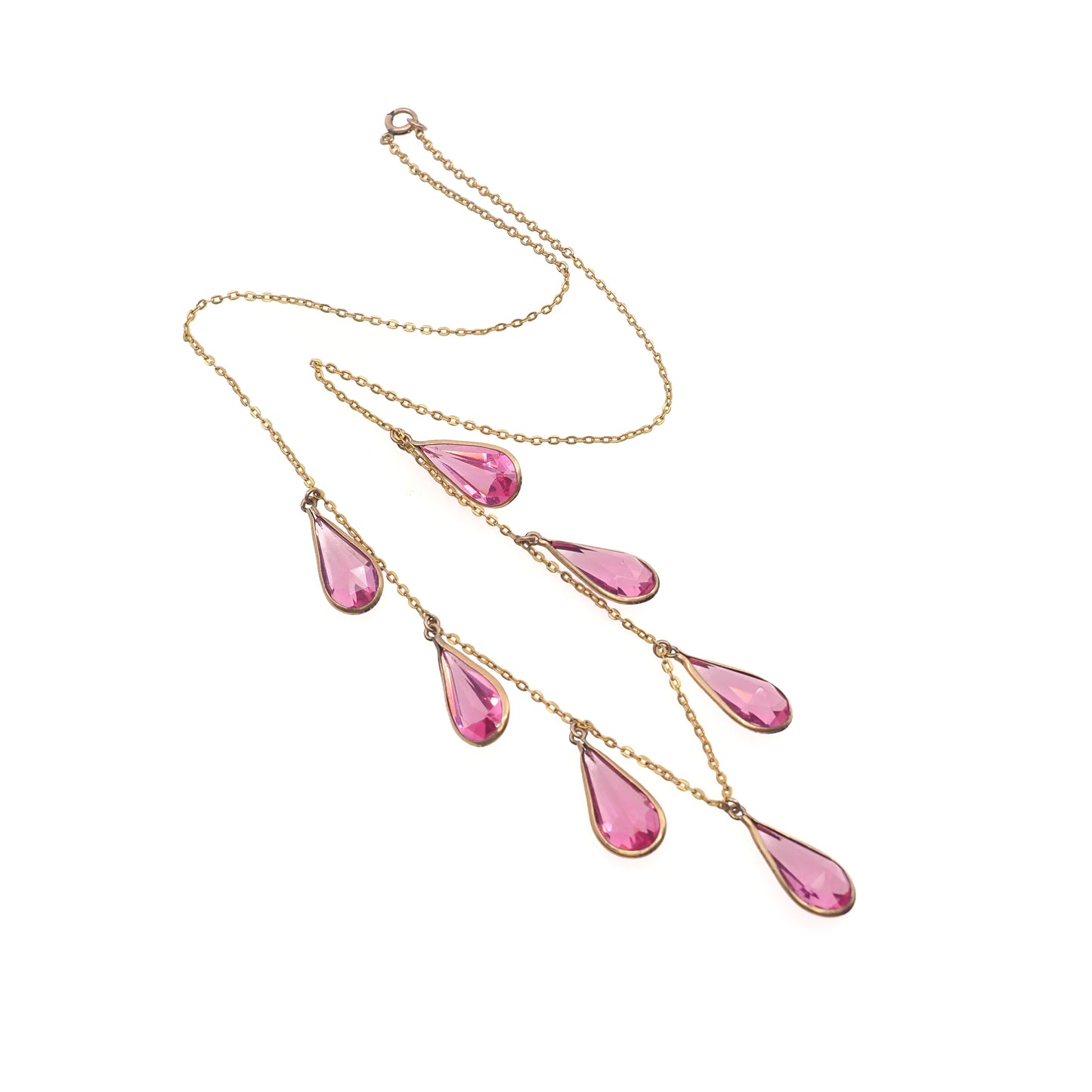 Vintage 1930s Art Deco Teardrop Pink Glass & Gold Fill Choker Necklace