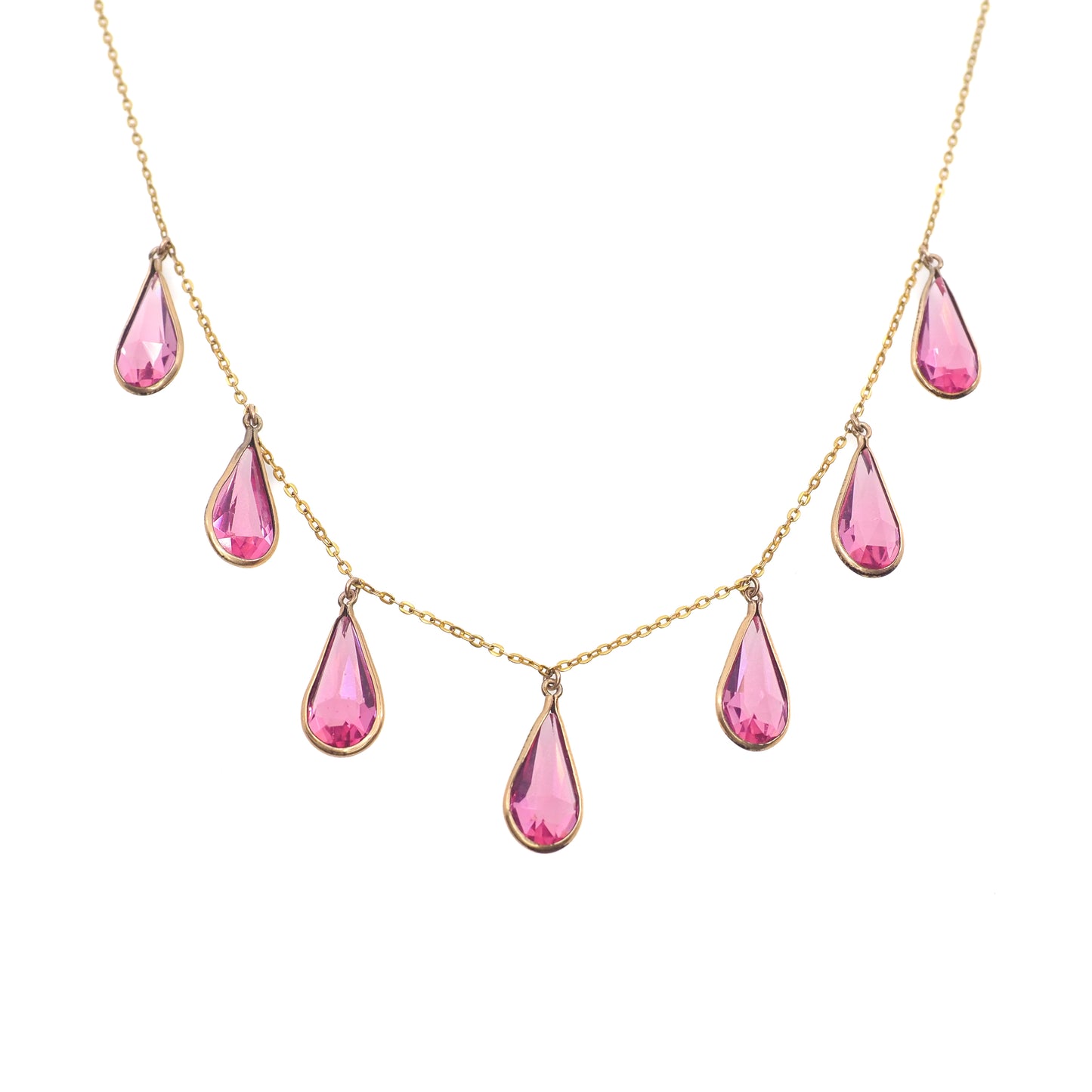 Vintage 1930s Art Deco Teardrop Pink Glass & Gold Fill Choker Necklace