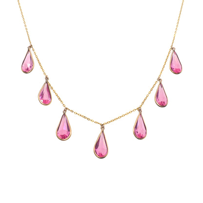 Vintage 1930s Art Deco Teardrop Pink Glass & Gold Fill Choker Necklace