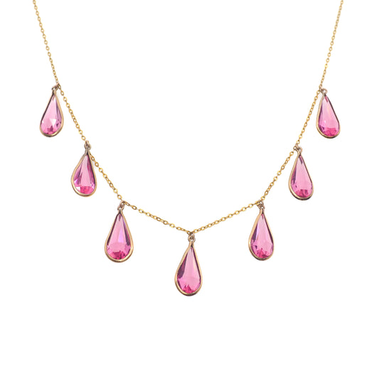 Vintage 1930s Art Deco Teardrop Pink Glass & Gold Fill Choker Necklace