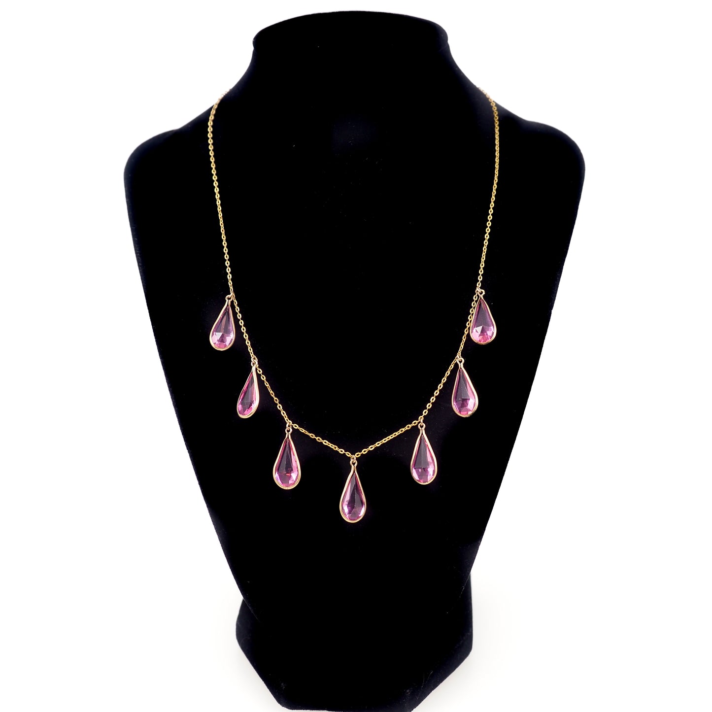 Vintage 1930s Art Deco Teardrop Pink Glass & Gold Fill Choker Necklace