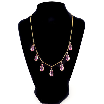 Vintage 1930s Art Deco Teardrop Pink Glass & Gold Fill Choker Necklace