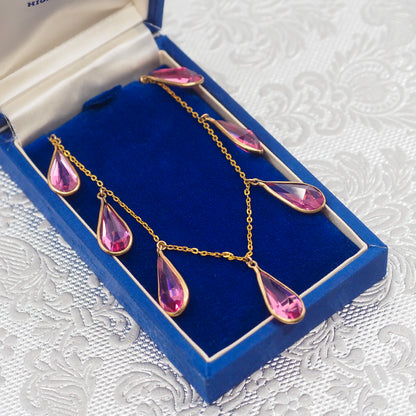 Vintage 1930s Art Deco Teardrop Pink Glass & Gold Fill Choker Necklace