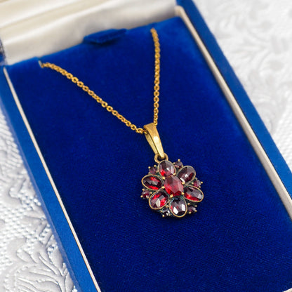 Vintage 1950s NORM Red Garnet and Gold Wash Cluster Pendant 17" Necklace
