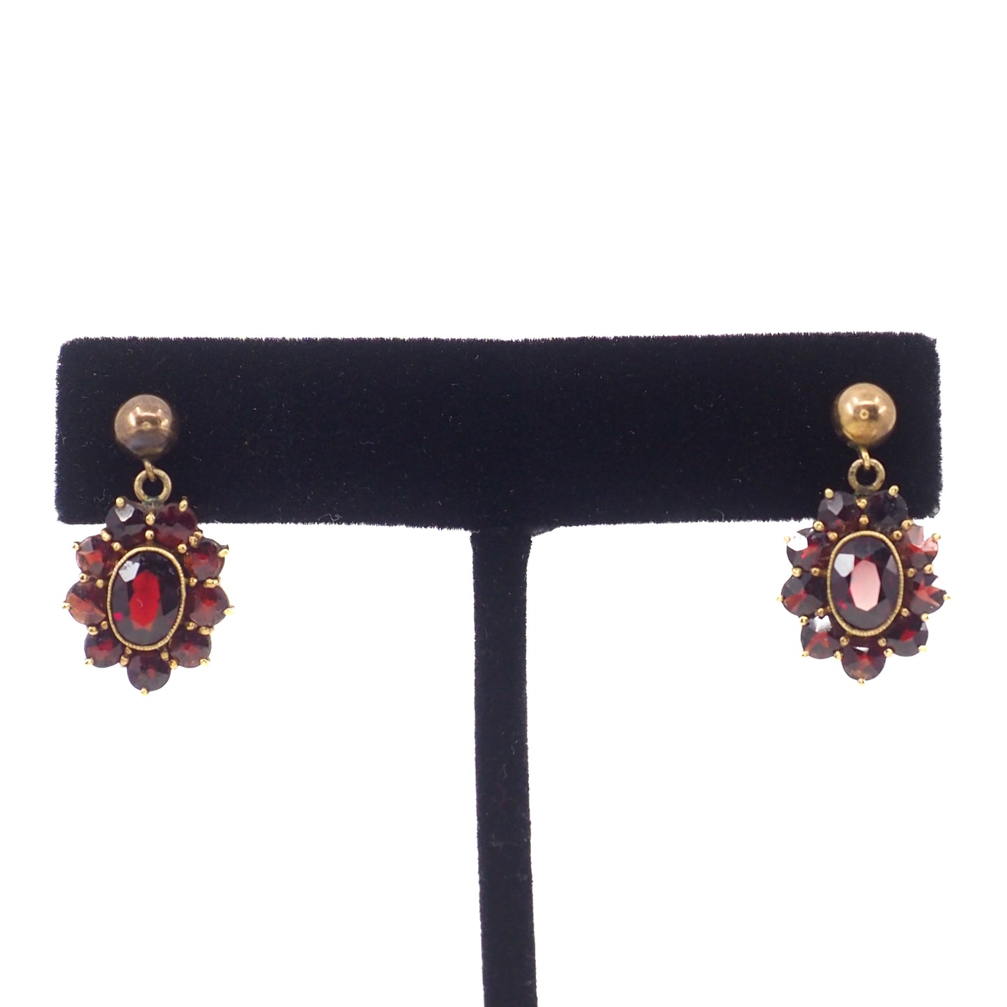 Vintage 1970s Garnet and Gold Plate Drop Cluster Earrings