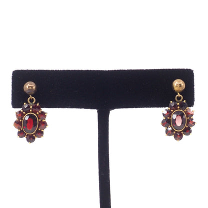 Vintage 1970s Garnet and Gold Plate Drop Cluster Earrings