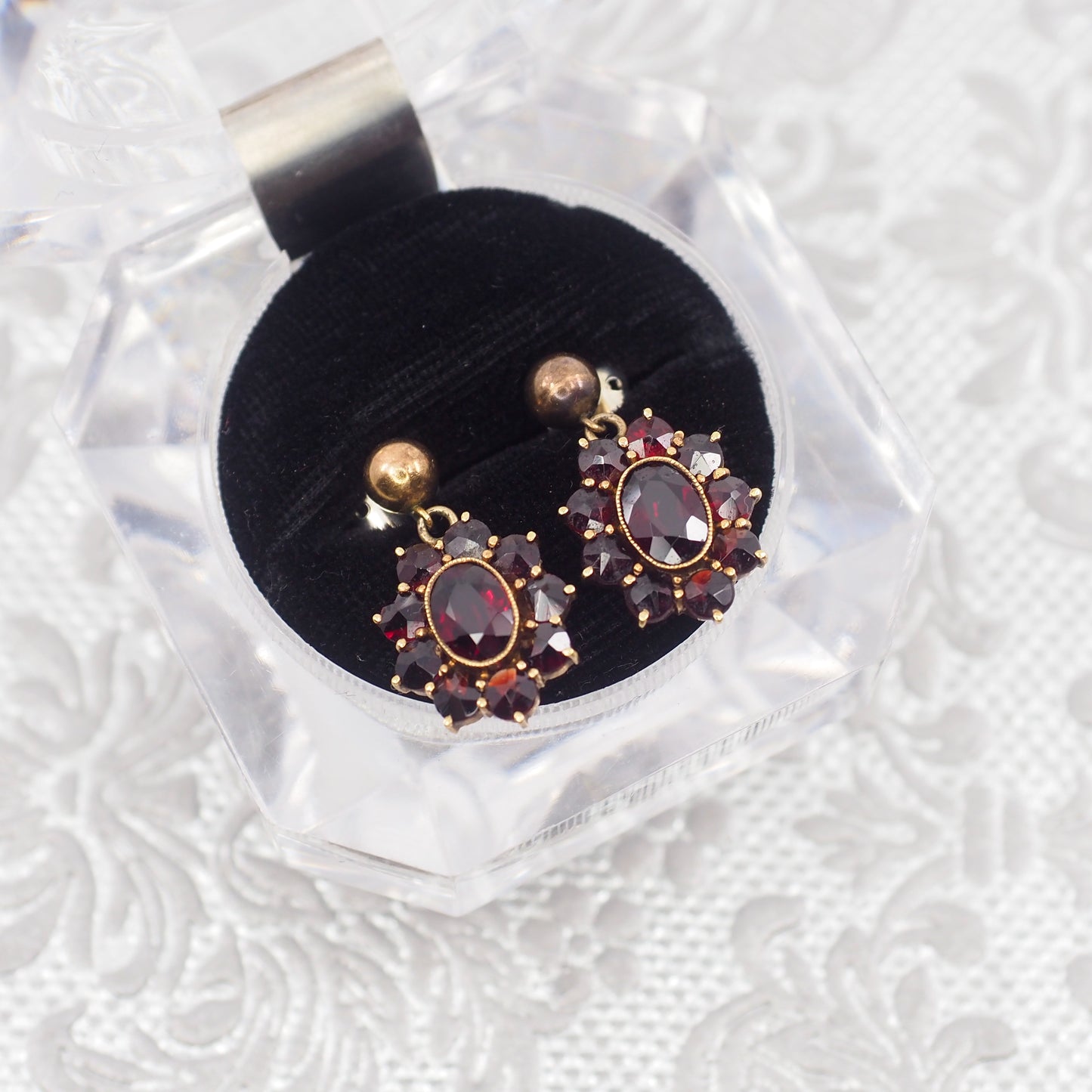 Vintage 1970s Garnet and Gold Plate Drop Cluster Earrings