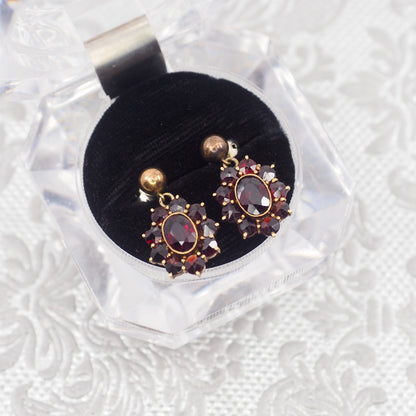 Vintage 1970s Garnet and Gold Plate Drop Cluster Earrings