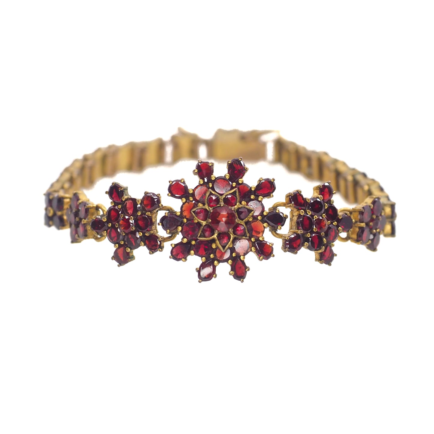Antique 1890s Late Victorian Bohemian Garnet and Gilt Cluster Link 6.75" Bracelet
