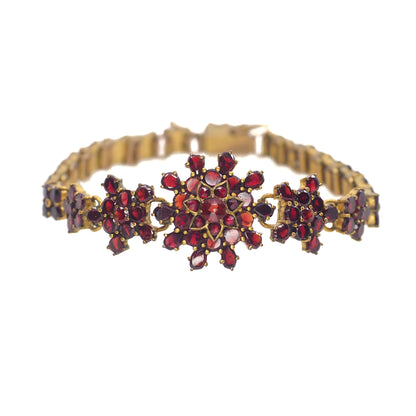 Antique 1890s Late Victorian Bohemian Garnet and Gilt Cluster Link 6.75" Bracelet