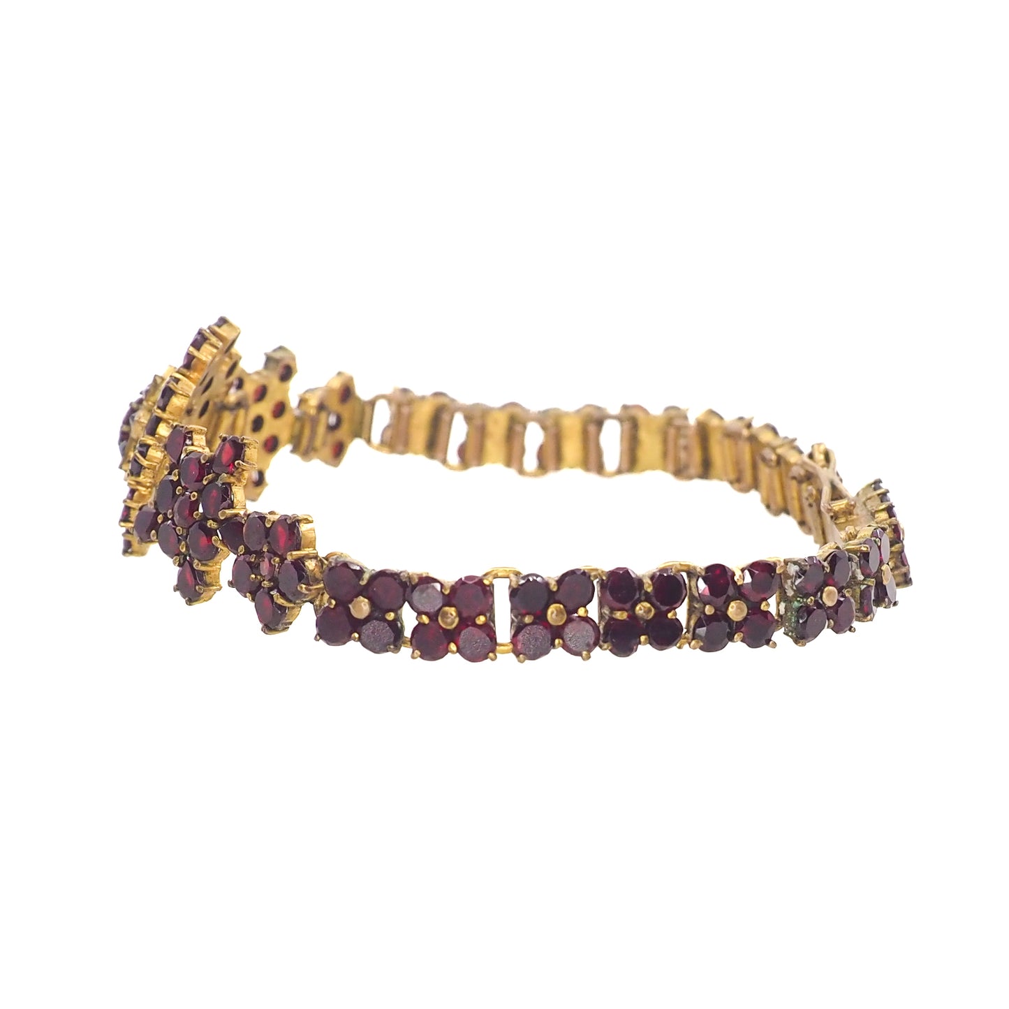 Antique 1890s Late Victorian Bohemian Garnet and Gilt Cluster Link 6.75" Bracelet