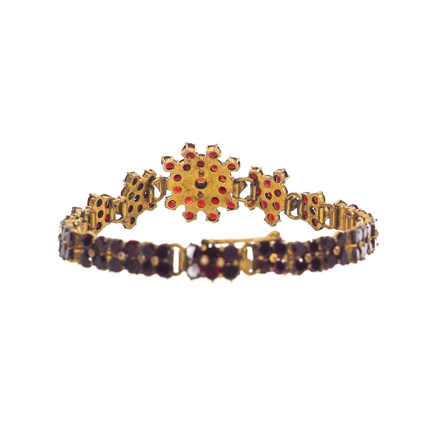 Antique 1890s Late Victorian Bohemian Garnet and Gilt Cluster Link 6.75" Bracelet
