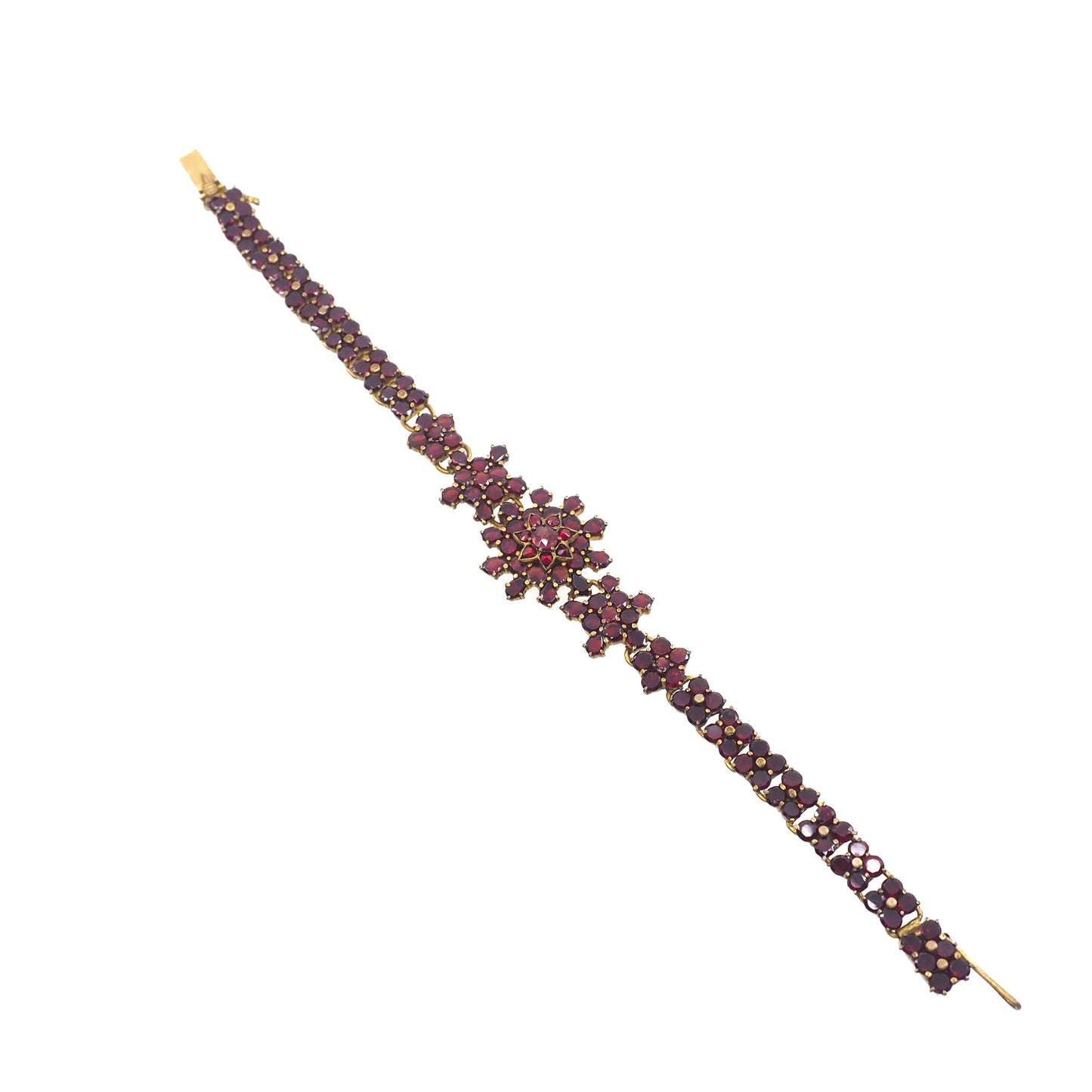 Antique 1890s Late Victorian Bohemian Garnet and Gilt Cluster Link 6.75" Bracelet