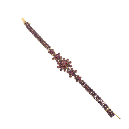 Antique 1890s Late Victorian Bohemian Garnet and Gilt Cluster Link 6.75" Bracelet