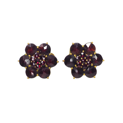 Vintage 1950s GERMANY Red Rose Cut Garnet and Gold Wash Cluster Screw Back Earrings